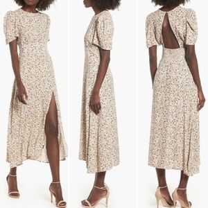 AFRM Lala Midi Dress Floral Smocked Back Slit Cream Size Small